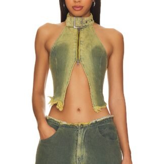 Green Denim Buckle Neck Top
