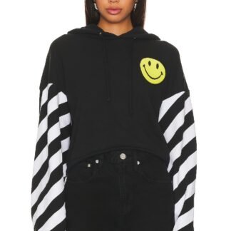 Caution Stripe Sleeve Smiley Relaxed Hoodie