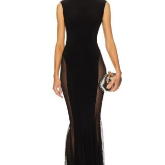 Sleeveless Crewneck Fishtail Gown With Mesh Sides