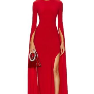 Open Back Ribbon Sleeve Wide Slit Gown