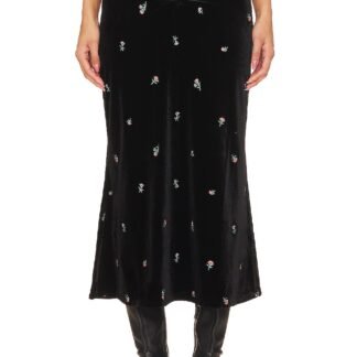 Embroidered Velvet Ruched Midi Skirt